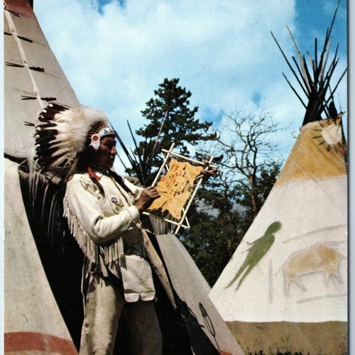 c1960s Browning, MT Blackfeet Indian Chief Bull Child Chrome Postcard Tipi A50