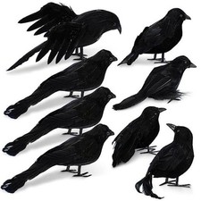 8 Pcs Halloween Black Feathered Crows Realistic Raven Yard Decor