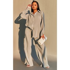 Light Grey Plisse High Waisted Wide Leg Trousers NWT Size US10