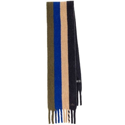 PAUL SMITH Mens Scarf Green Tan Blue Stripe Cozy Knit Fringe Hem Logo 10x66 $125