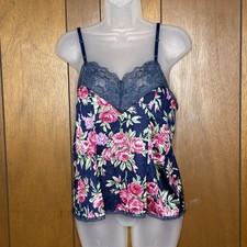 VTG Y2K Vassarette Babydoll Cami Top Womens L Navy Floral Lace Lingerie Fairy