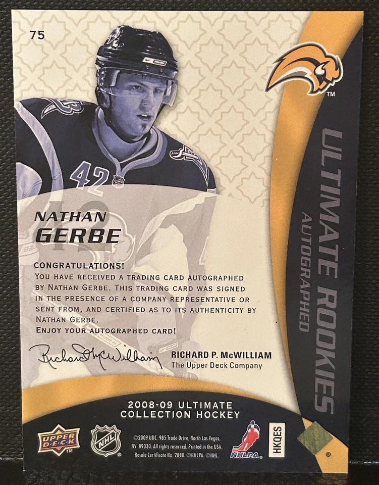 2008-09 Ultimate Collection - Ultimate Rookies Autographed Nathan Gerbe #75 /399 - Image 2 of 2