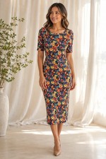 Zara Woman Large Scuba Knit Floral Midi Dress Boat Neck Sheath Back Zip