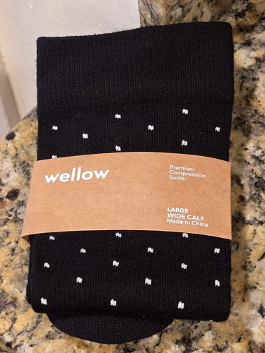 Wellow Bamboo Compression Socks Large Wide Calf Black Polka Dots 18-25 mmHg NEW