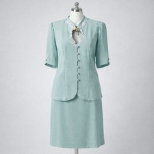Vintage 80s Pastel Aqua Blue Skirt Suit Set Lace Trim Faux Pearl Buttons 17/18