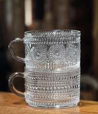 Stackable Vintage Textured Clear Glass Coffee Mugs Set of 2 14 oz Embossed Cups