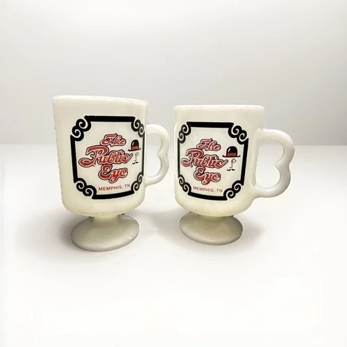 Vintage The Public Eye Restaurant Memphis, TN Milk Glass Pedestal Mugs Set of 2