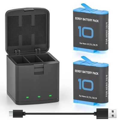 EERSY 2 Pack Batteries fit for GoPro-Hero 10, Hero 9 Black, 3-Channel Battery...