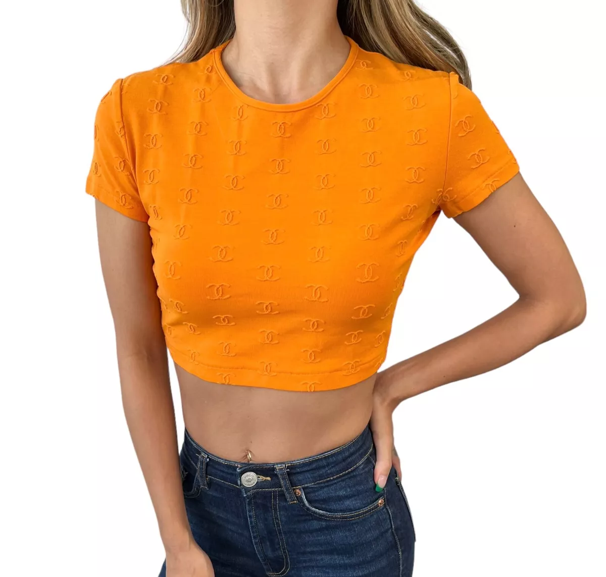 CHANEL Vintage 97P Coco Mark Logo Cropped T-shirt Top Orange Cotton Rank AB+