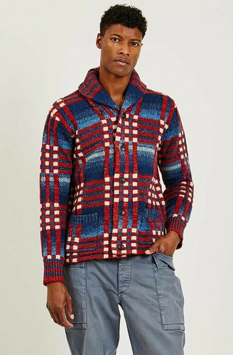 Ralph Lauren Men's Indigo Plaid Shawl-Collar Cardigan - Size L in Indigo Red Cream