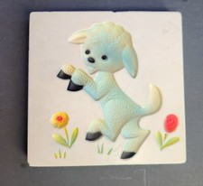 Mid Century Recessed Lamb Chalkware Wall Hanging Plaque Kitschy Nursery Decor