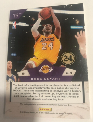 2011-12 PANINI LIMITED DECADE DOMINANCE AUTO #90/99 KOBE BRYANT LAKERS SIGNATURE - Picture 2 of 2