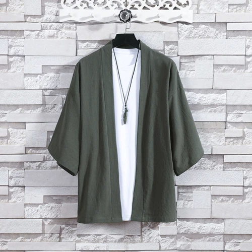Men Casual Kimono Jacket Coat Tops 3/4 Sleeve Cotton Linen Japanese Cardigan Top - Bild 4 von 23