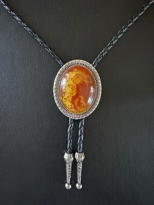 Natural Brown Agate Bolo Tie Mens Western Cowboy Wedding Necklace Leather Cord