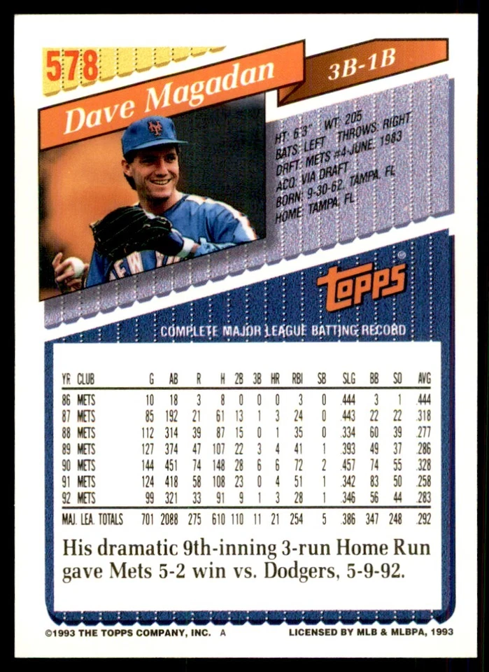 1993 Topps Inaugural Colorado Rockies Dave Magadan #578 - Image 2 of 2