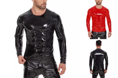 Sexy Men's Pvc Shiny Coat Slim Leather Latex Jacket Shirt Clubwear Long Sleeves