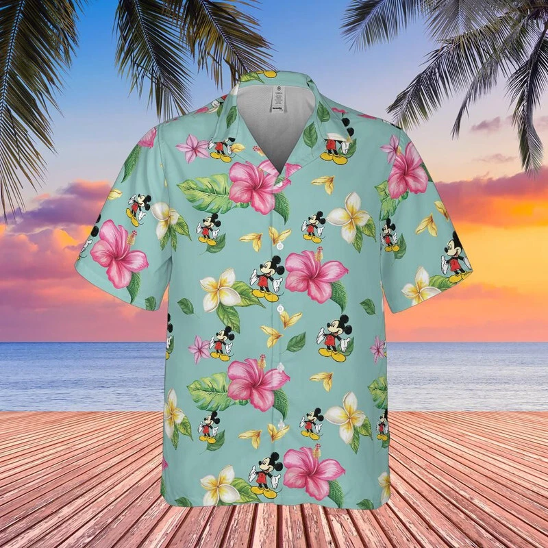 Disney Hombre Camisa Hawaiana, Retro Azul, Hawaii Floral y Mickey Mouse Foto 3 de 4