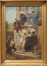 Quadro tela con cornice, scena galante con personaggi, opera in cornice