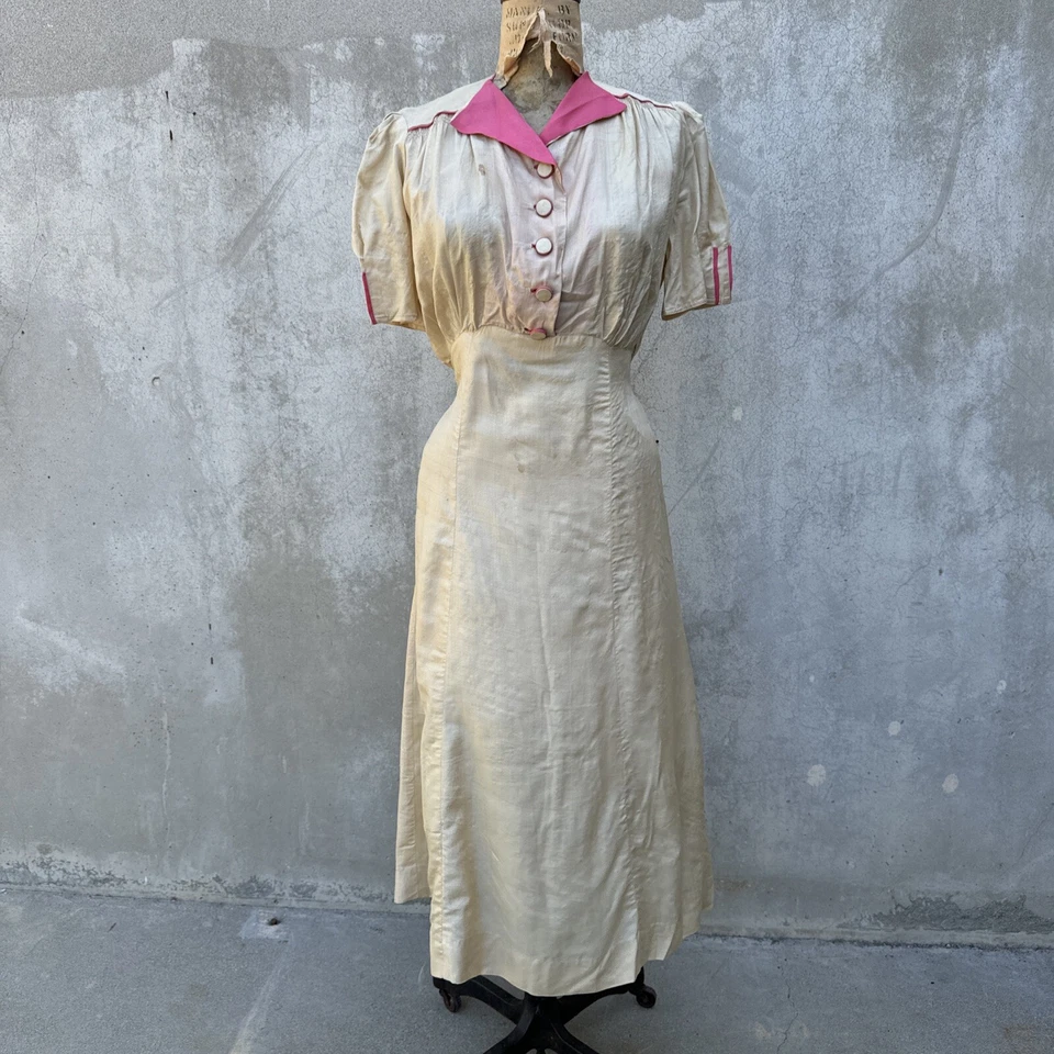 Vestido de seda Pongee vintage de los años 30 crudo y rosa cinturón midi trasero manga corta años 40 Foto 4 de 4