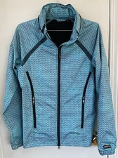 Kerrits Womens Size S Abstract Blue Equestrian Rain Jacket Rolled Zip Hood