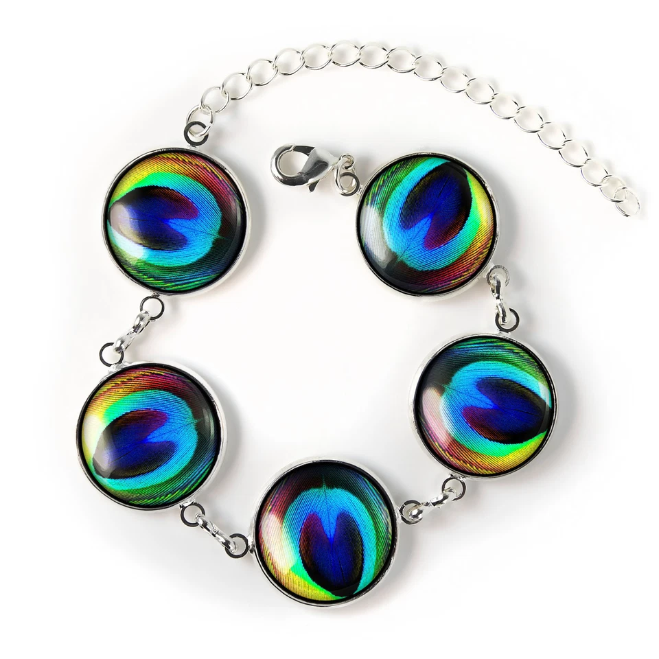 Brazalete Hecho a Mano Colorido Arco Iris Pluma de Pavo Real Plata Vidrio Gitano Pájaro Dije Foto 4 de 4