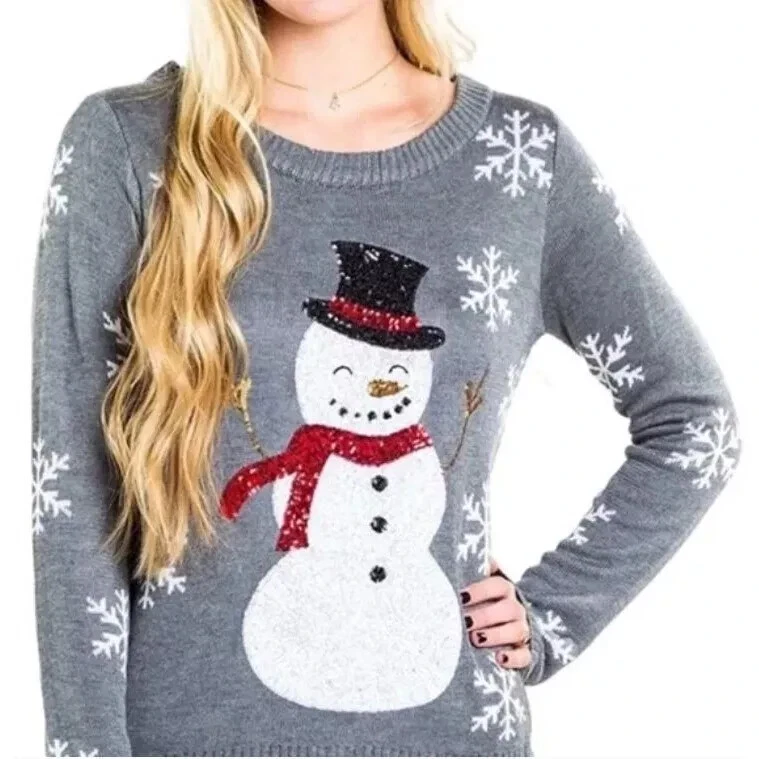 TIPSY ELVES SEQUIN SNOWMAN UGLY CHRISTMAS SWEATER Women's Size Medium GREY   NT
