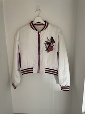 Maje White & Purple Sz 40 Appliqué Peacock Embroidered Zip Bomber Jacket £480