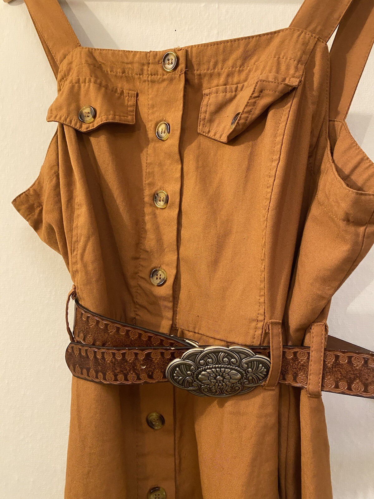 Rust Color Strap Tortoise Shell Button Up Dress S… - image 1