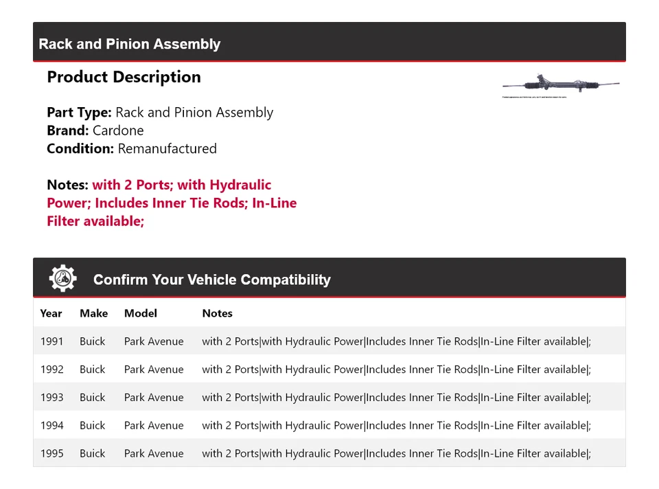 Для 1991-1995 Buick Park Avenue стойка и шестерня в сборе Cardone 1992 1993 1994 - Изображение 2 из 4