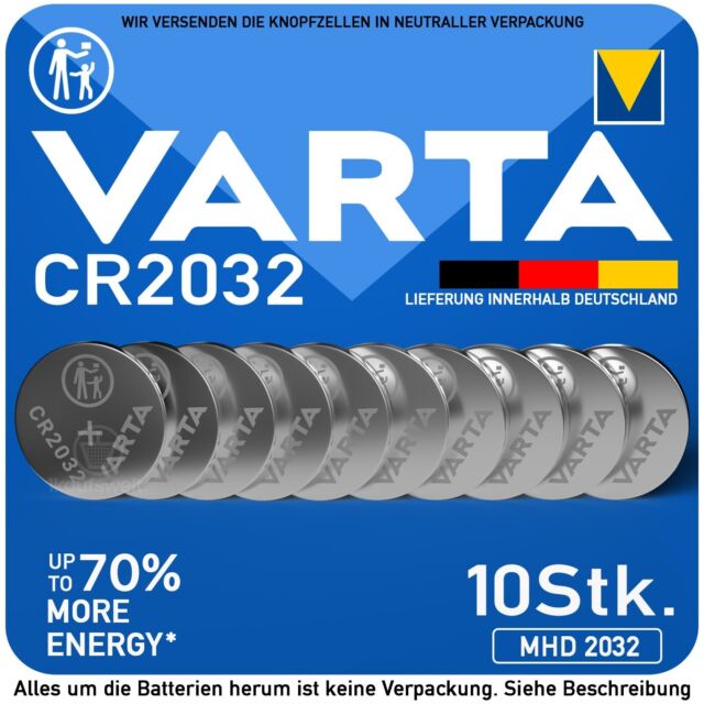10 x Varta CR2032 CR-2032 Batterien Frische Markenqualität Knopfzellen MHD 2032