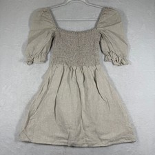 Reformation Oatmeal Beige 100% Linen Smocked Puff Sleeve Mini Dress Size S