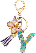 Initial Letter Keychains for Girls Women Pink Purple Green Cute Butterfly Heart