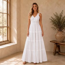 White Cotton Lace Maxi Dress | Boho Wedding Guest Dress | Long Tiered Sundress |