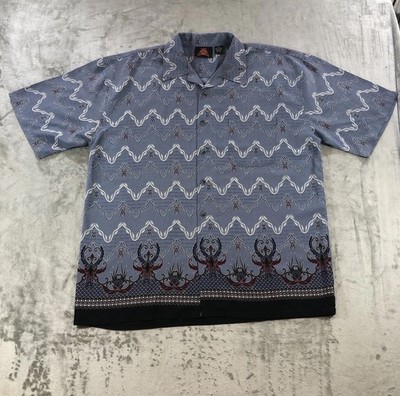 Vtg 7 Diamonds Shirt Mens XL Blue Short Sleeve Geometric Border Print Button