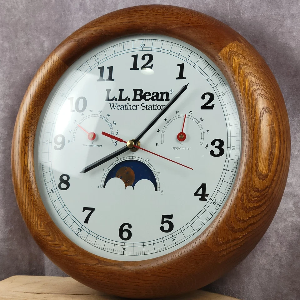 L.L. Bean Weather Station Wall Clock 11.75” Oak Frame Moon Thermometer Hygro - Image 3 of 4
