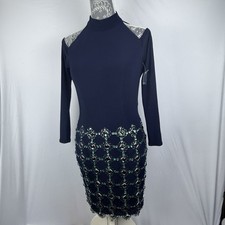 Rachel Allan Cocktail Dress Beaded Navy Blue Long Sleeve Bodycon Size 4