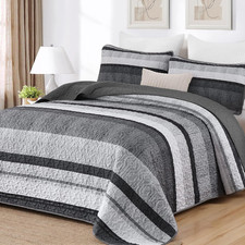 Grey Quilt King Size Set, Boho Bedspread King Size, Striped Bedding Sets 3 Piece
