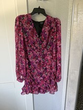 Express Pink Floral Ruffle Mini Dress V-Neck Long Sleeve Zip Size S