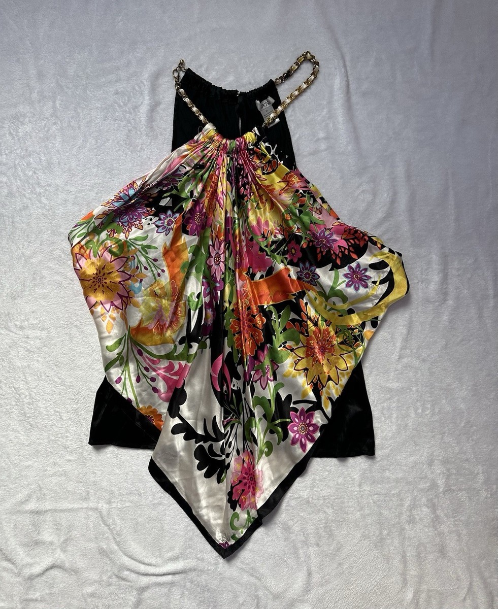 Cache Vintage Y2K Silk Scarf Floral Print Halter Chain Top in