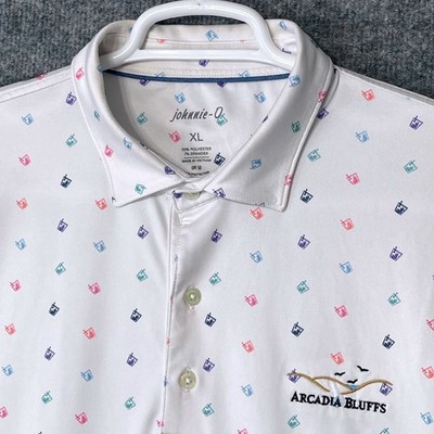 Johnnie-O Mens XL Performance Polo White Cocktail Print UPF 50 Arcadia Bluffs GC