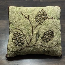 Hooked Wool Pillow Woodland Pinecones Tan Brown Cabin Outdoors Rustic Decor 16"