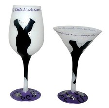 Rare Lolita "Little Black Dress" Wine & Martini Glass Set Hand-Painted Retired