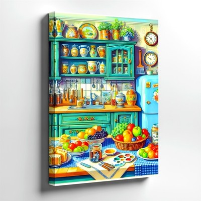 Wall Art Colorful Vintage Kitchen Still Life Fruit Bread Teal Cabinets Print