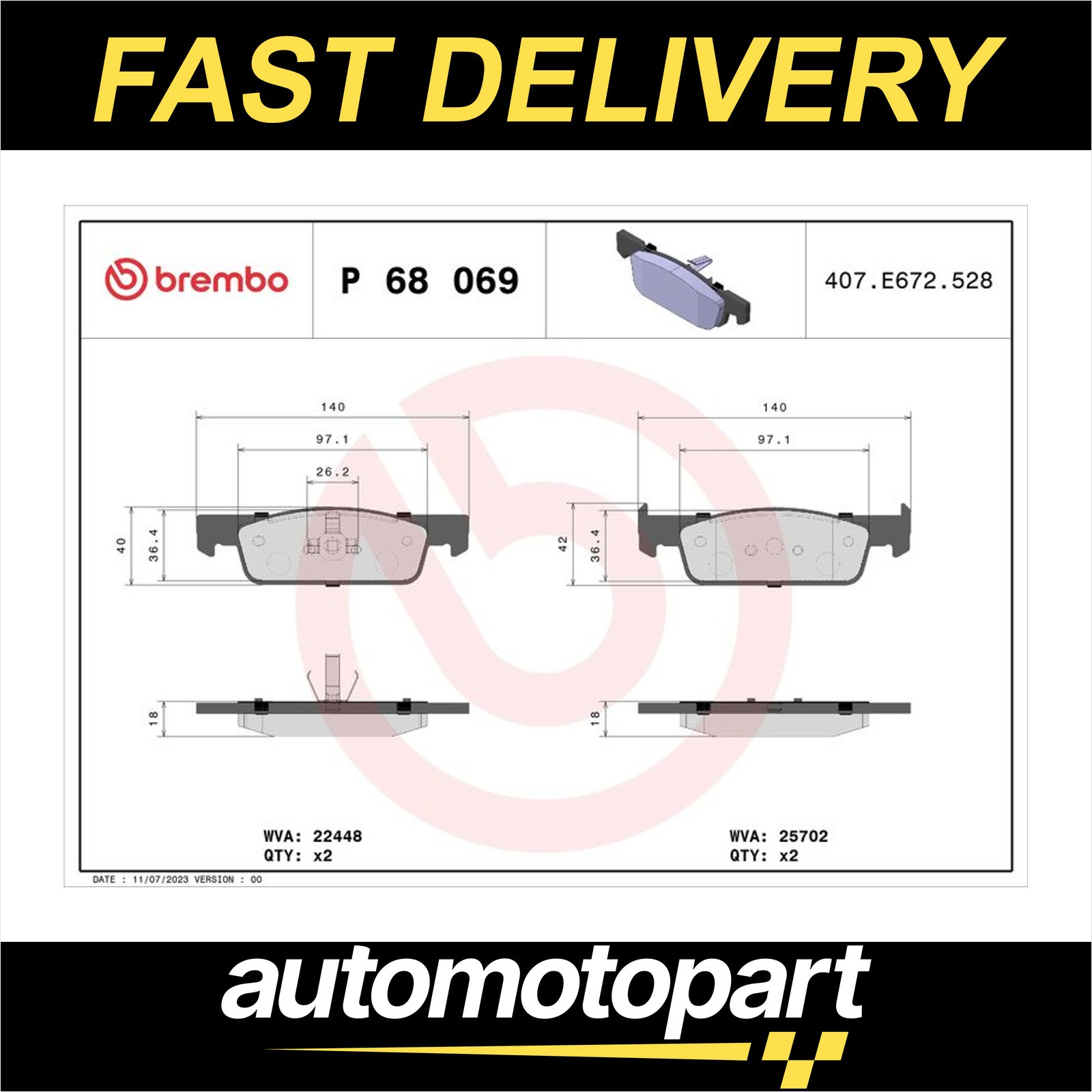 Brembo Brake Pads Set Front P68069 410600222R 25702 22448 D18309061 Quality New