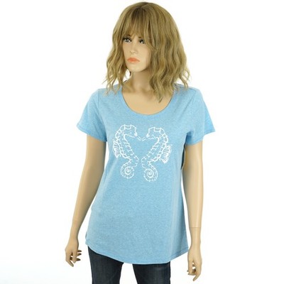 ST. JOHN'S BAY Women's LARGE Short Sleeve Tee BLUE TOP with WHITE SEAHORSE Print
