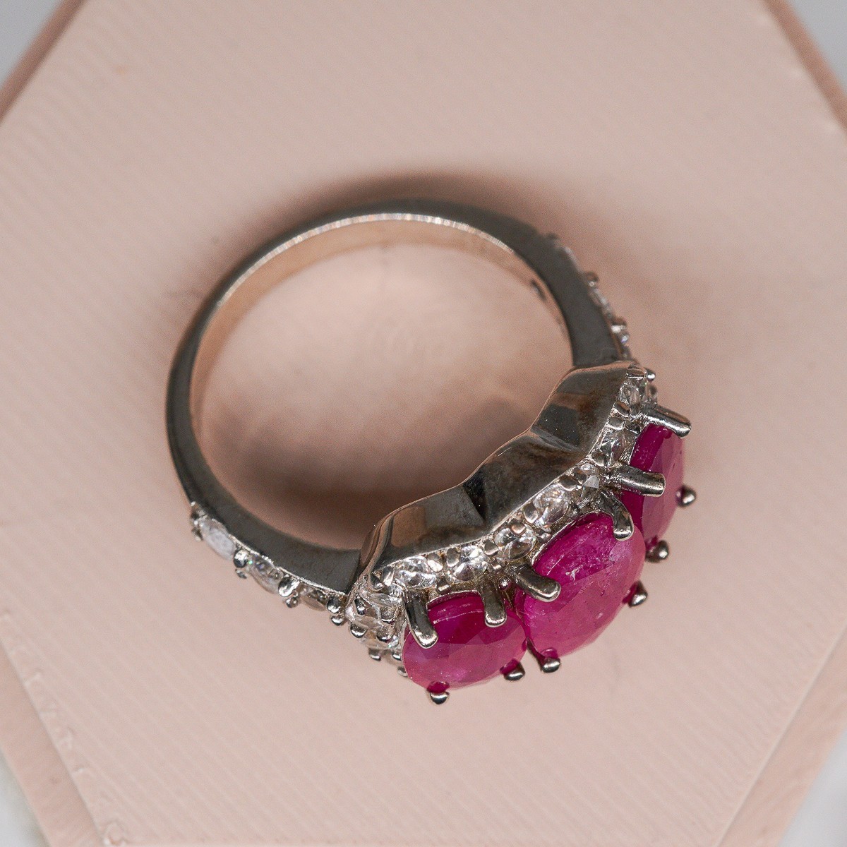 Sterling Silver 925 Ruby Ring Three Stone Oval Wh… - image 6