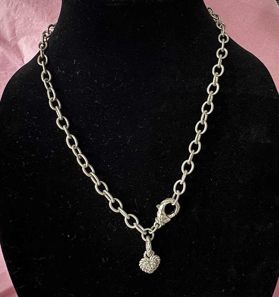 Signed Judith Ripka Sterling Silver 925 Chain Link Heart Charm Necklace 20” - Image 2 of 4