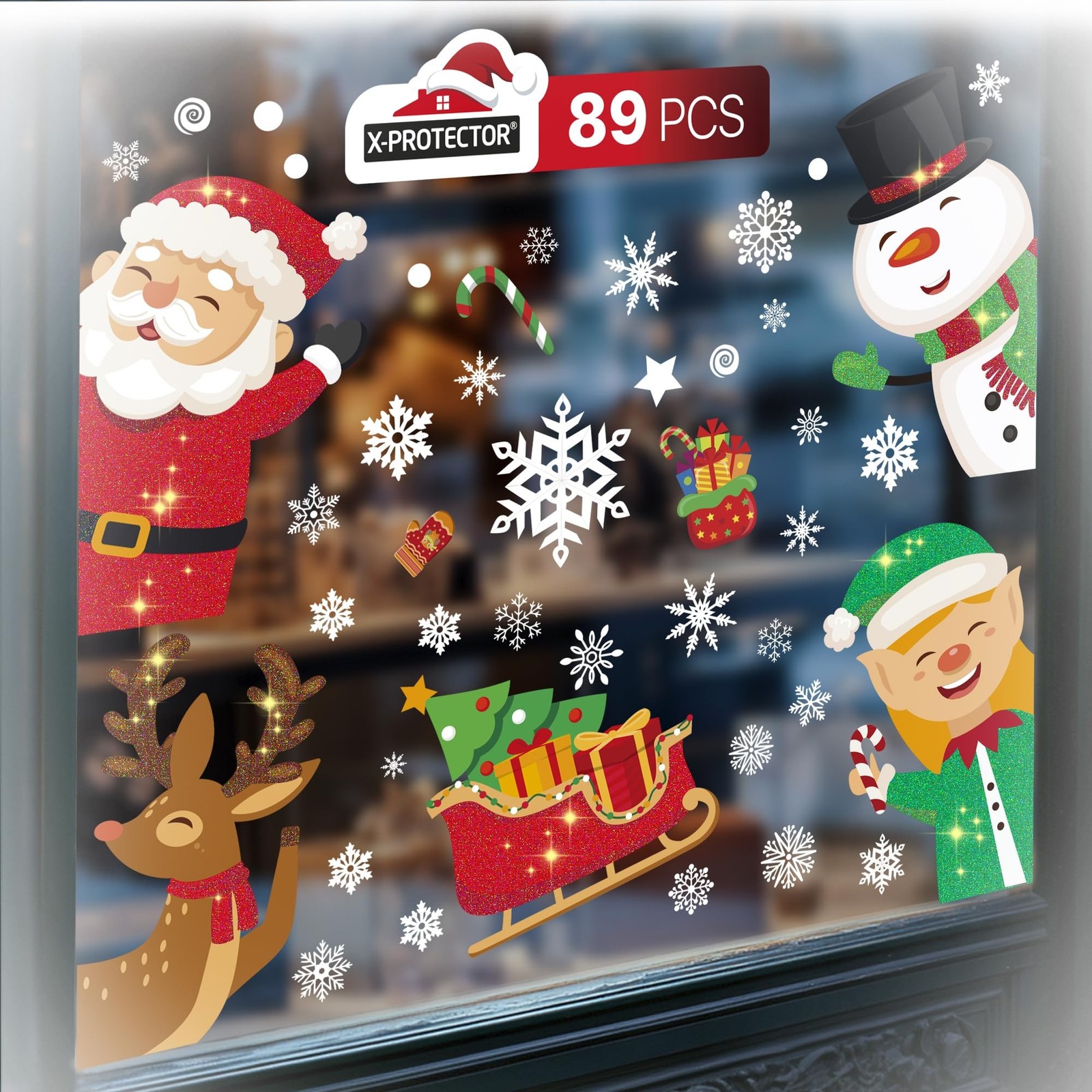 X-Protector Christmas Window Clings - 89 PCS Set - Glitter Christmas Stickers...