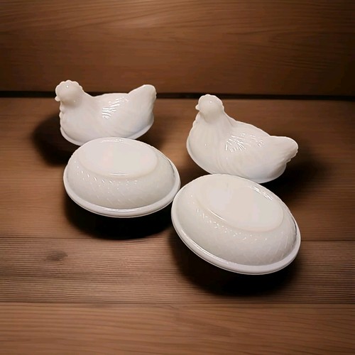 Vintage Hazel Atlas Milk Glass Hen On Nest Candy Or Trinket Dish 4" Set Of 2 - Picture 3 of 4