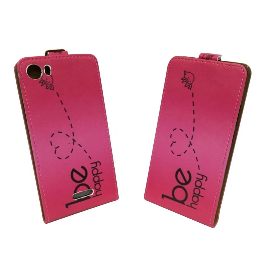 Wiko Fever 4G Funda Flip Case Protección Carcasa Etui Wallet Be Happy Rosa Nueva - Imagen 2 de 2